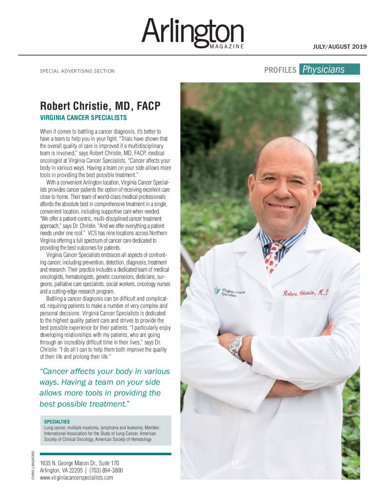 thumbnail of Virginia Cancer Specialists Robert Christie Physicians Profile ARlington Magazine