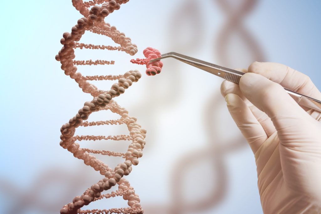 Genetic Engineering And Gene Manipulation Concept. Hand Is Replacing Part Of A Dna Molecule.