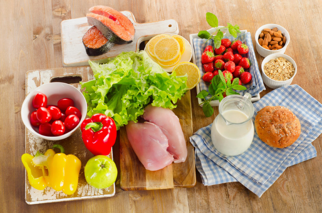Balanced Diet, Healthy Food Concept On Wooden Board.