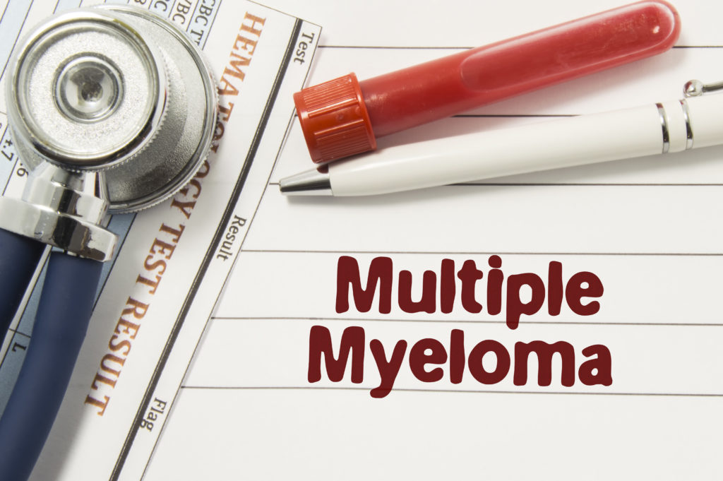 Diagnosis of Multiple Myeloma. Test tubes or bottles for blood, stethoscope and laboratory hematology analysis surrounded by text title of diagnosi...