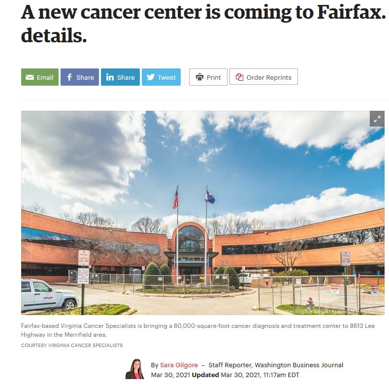 A new cancer center is coming to Fairfax. Here are the details - Washington  Business Journal - Virginia Cancer Specialists