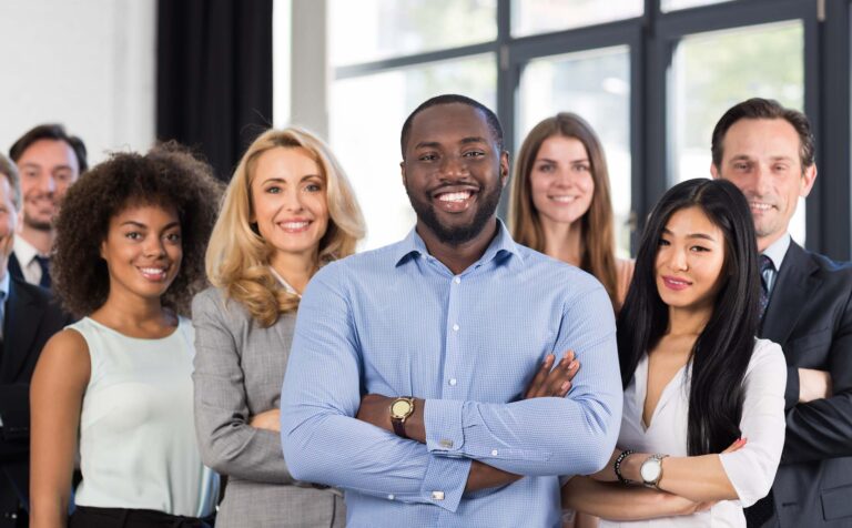 African American Businessman Boss With Group Of Business People In Creative Office, Successful Mix Race Man Leading Businesspeople Team Stand Folded Hands, Professional Staff