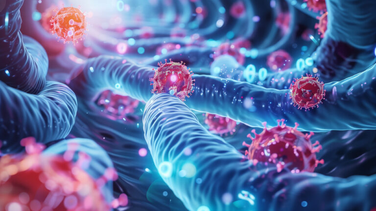 Holographic concept of colon cancer display, showing the stages of colon polyps transforming into cancer, colonoscopy procedure, and treatments lik...