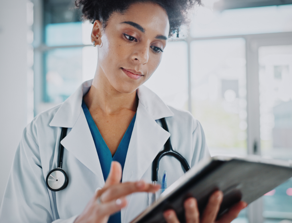 Woman Doctor Tablet Hospital Office Telehealth Solution Online Consultation Patient Results From Lab Female Medic Digital Research Review Date By Reading Medical Report