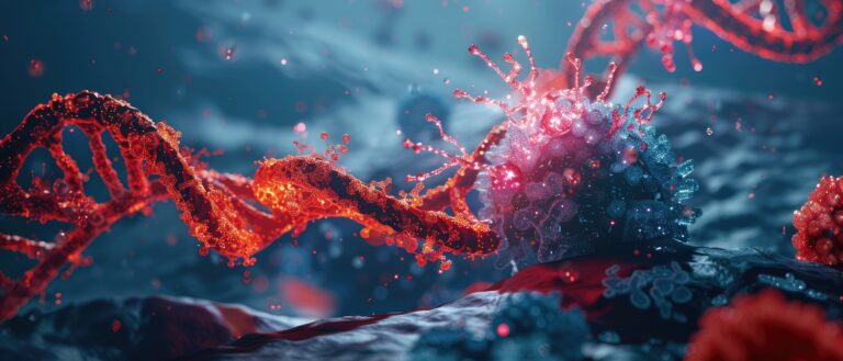 Macro shot of a 3D visualization of DNA damage in cancer cells, focusing on molecular structures