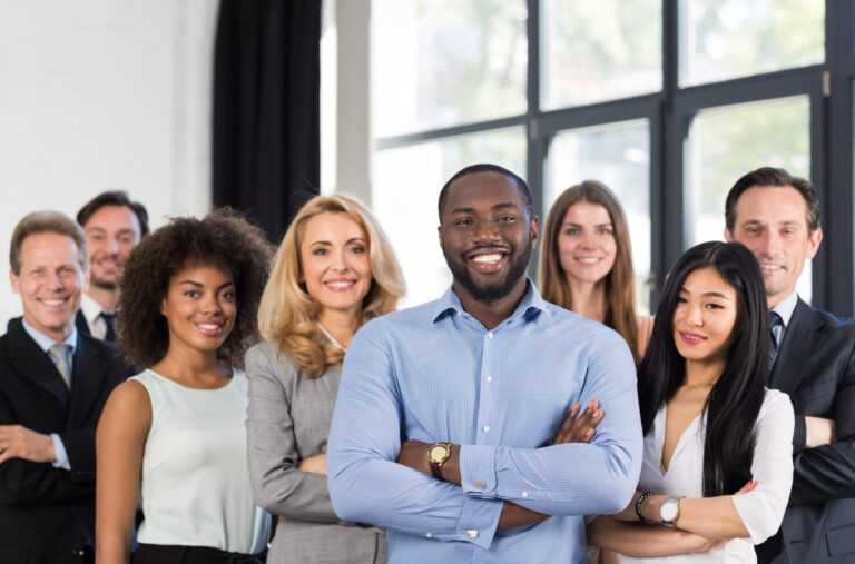 African American Businessman Boss With Group Of Business People In Creative Office, Successful Mix Race Man Leading Businesspeople Team Stand Folde...